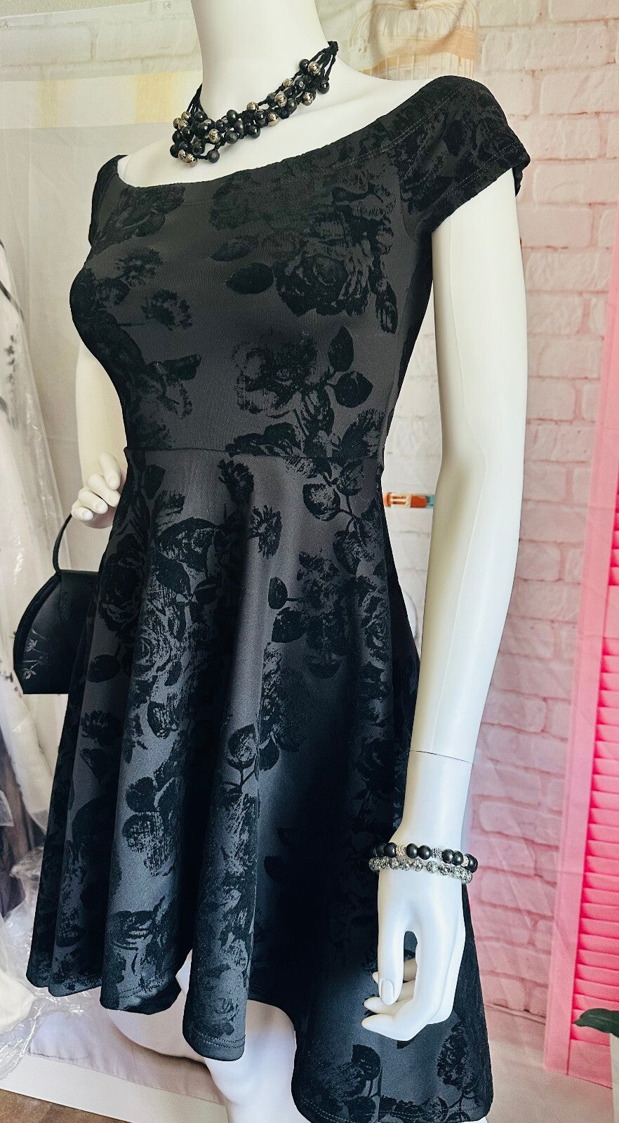 Windsor Black High-Low Floral Flocked Formal Dress