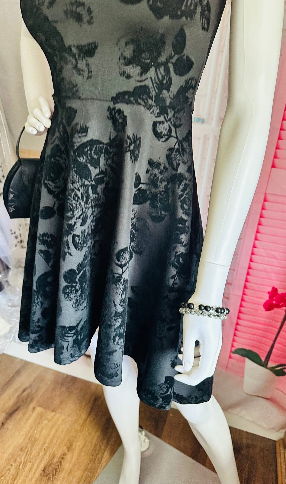 Windsor Black High-Low Floral Flocked Formal Dress