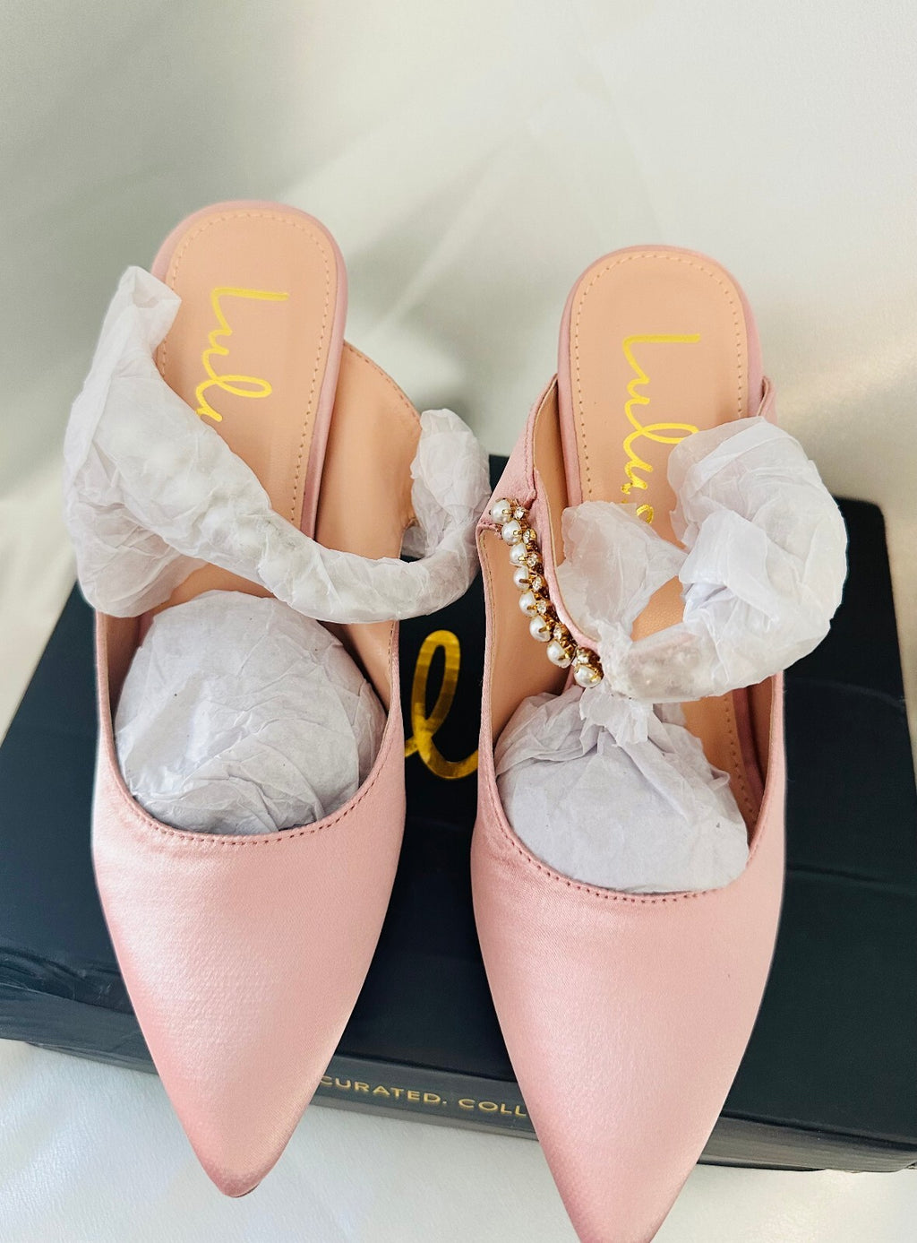 Lulus Sephoraa Rose Gold Satin Pearl Pointed-Toe Mule Pumps