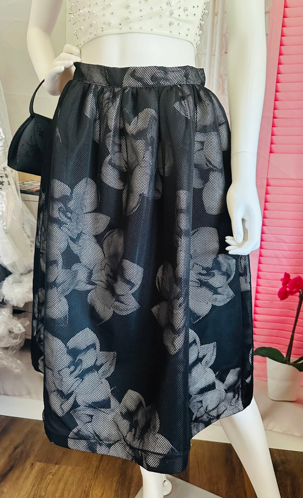 Forever 21 Black Mesh Floral Midi Skirt