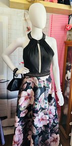 Chic Floral A-Line Party Dress in Black and Pink