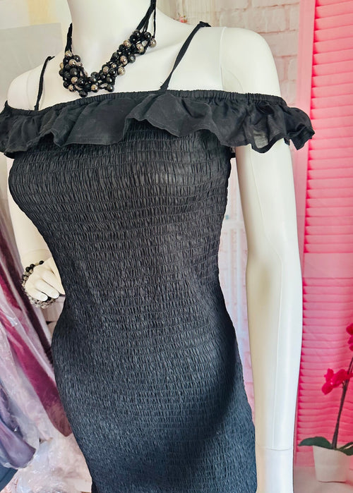 Anthropologie Black Smocked Ruffle Off-Shoulder Dress