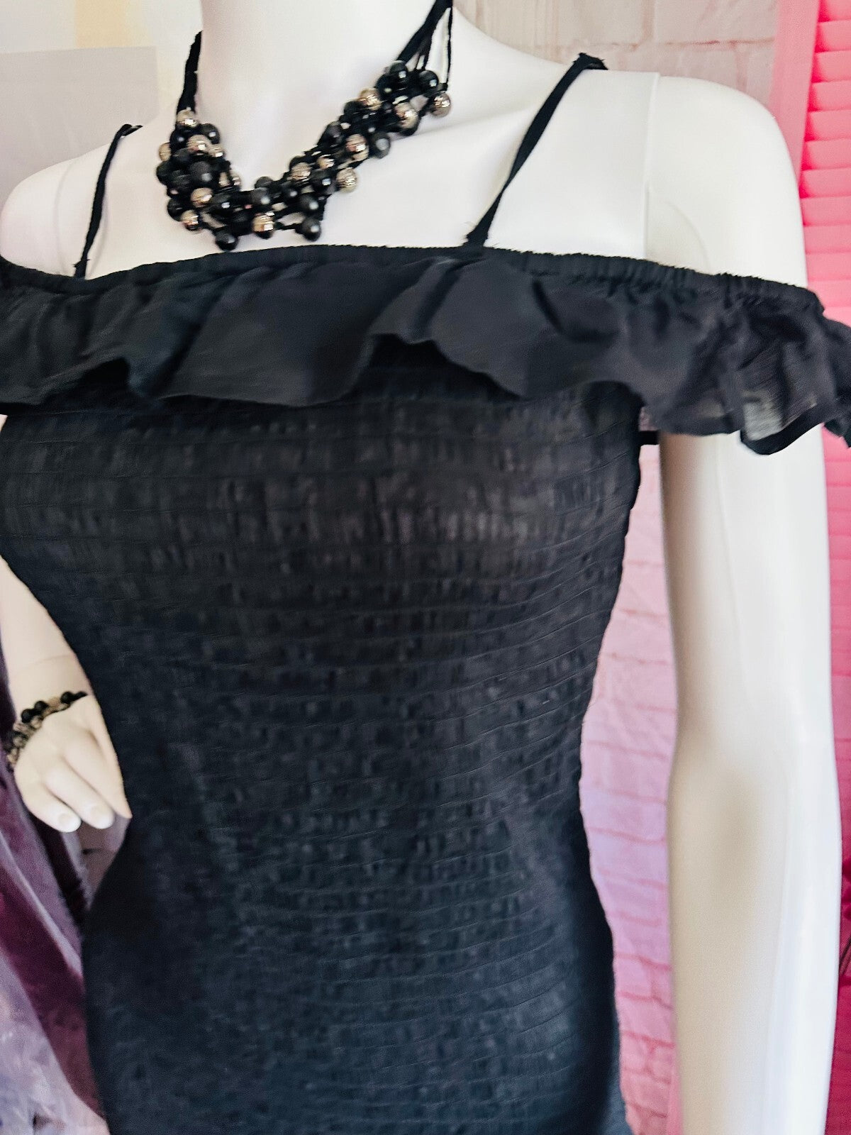 Anthropologie Black Smocked Ruffle Off-Shoulder Dress