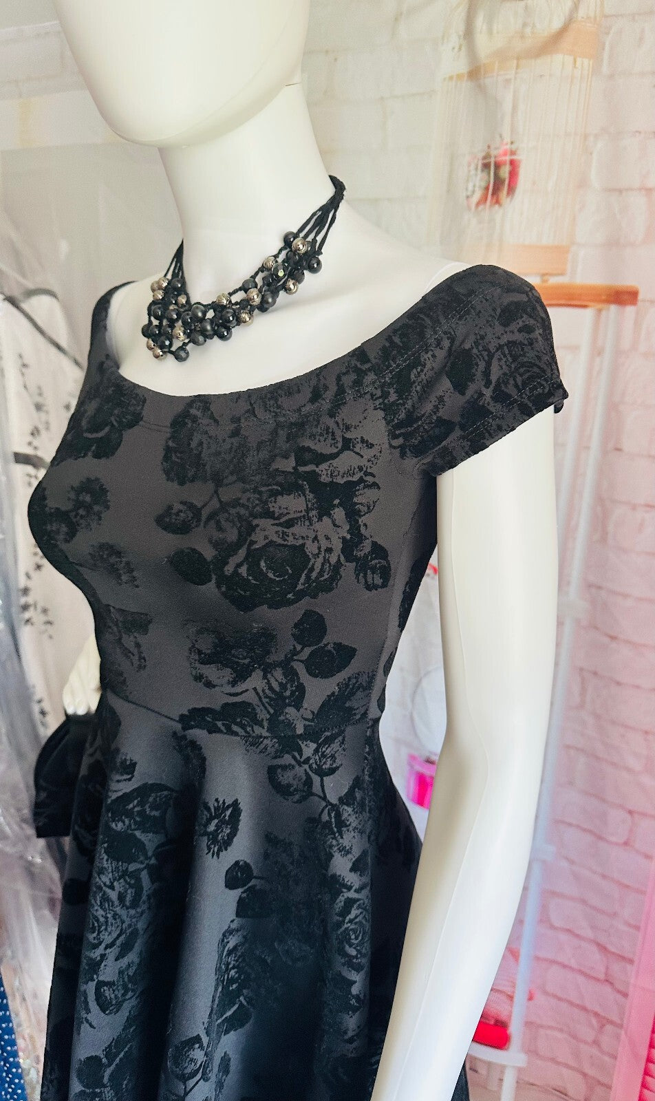 Windsor Black High-Low Floral Flocked Formal Dress