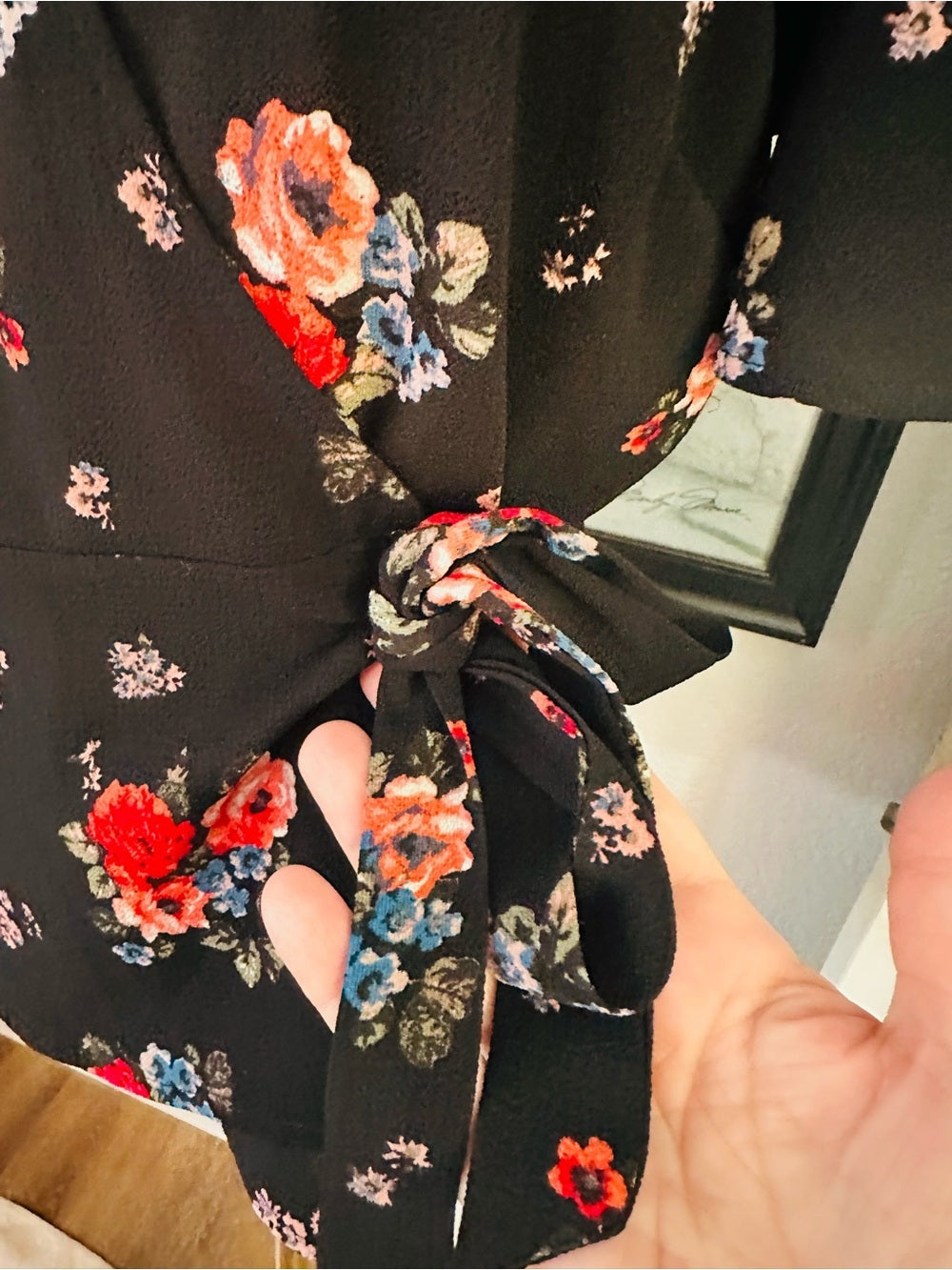 Meraki Black Floral Wrap Peplum Blouse Tie Waist Flutter Sleeve
