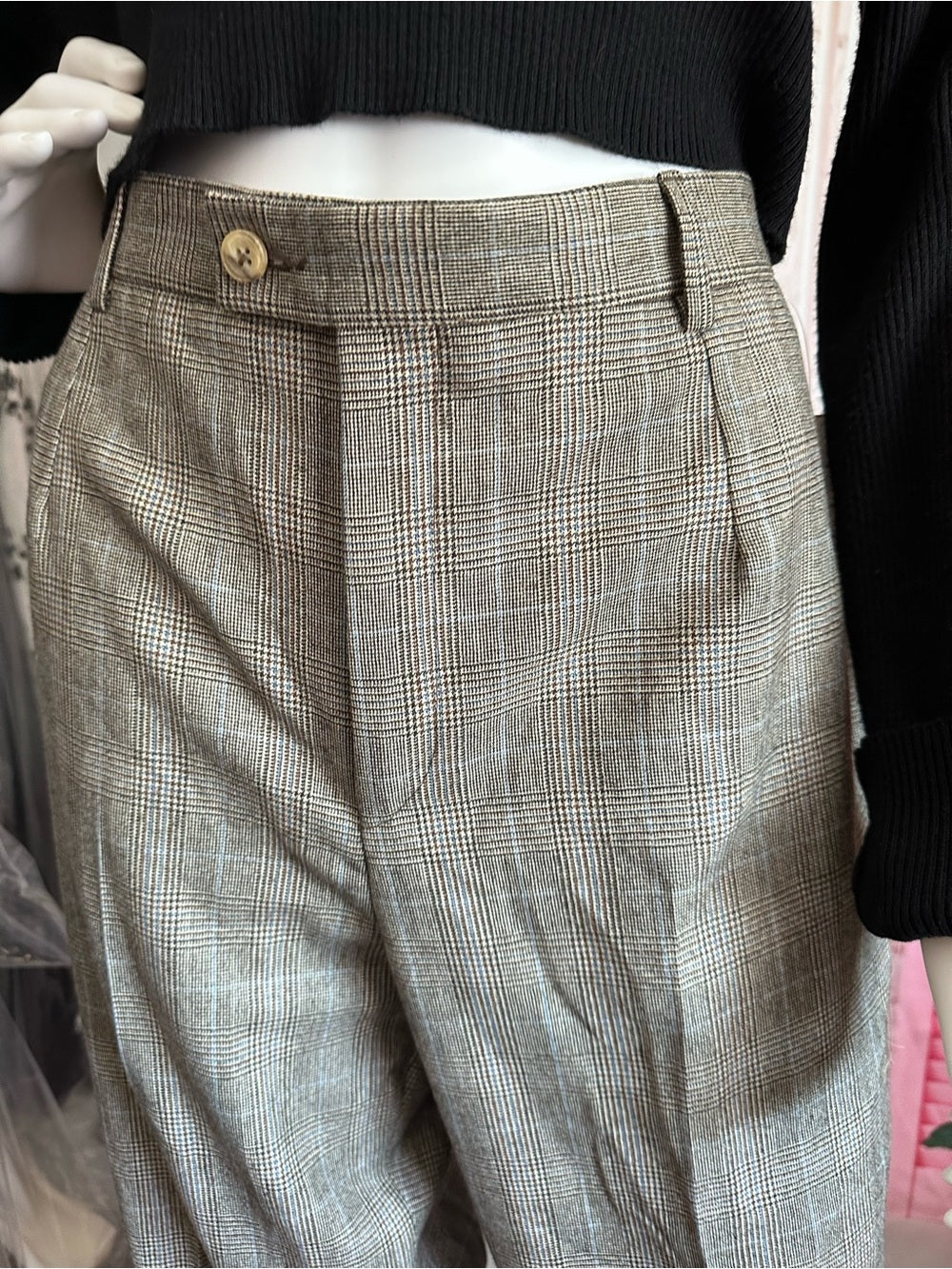Barry Bricken Women's Brown Multi Plaid 100% Wool Straight Leg Pants