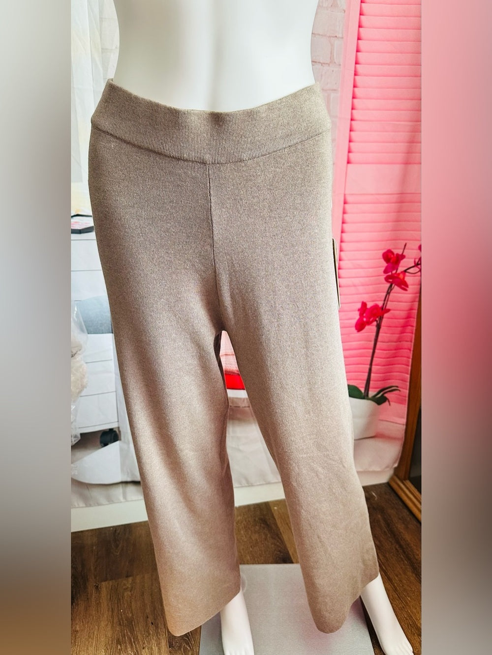 Cyrus Women's Wide Leg Knit Pants Buckskin Brown Heather Rayon Blend