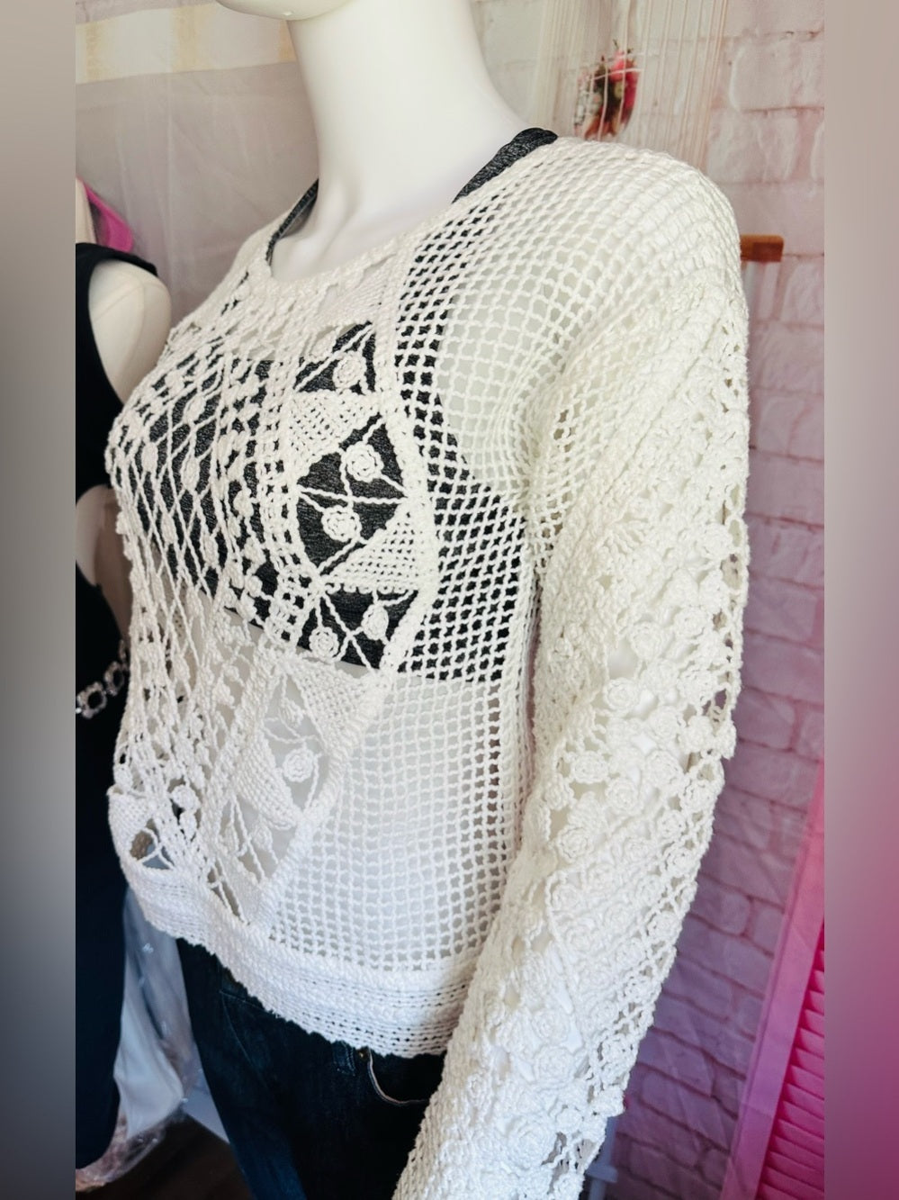 Ella Moss White Open Knit Crochet Boho Long Sleeve Sweater