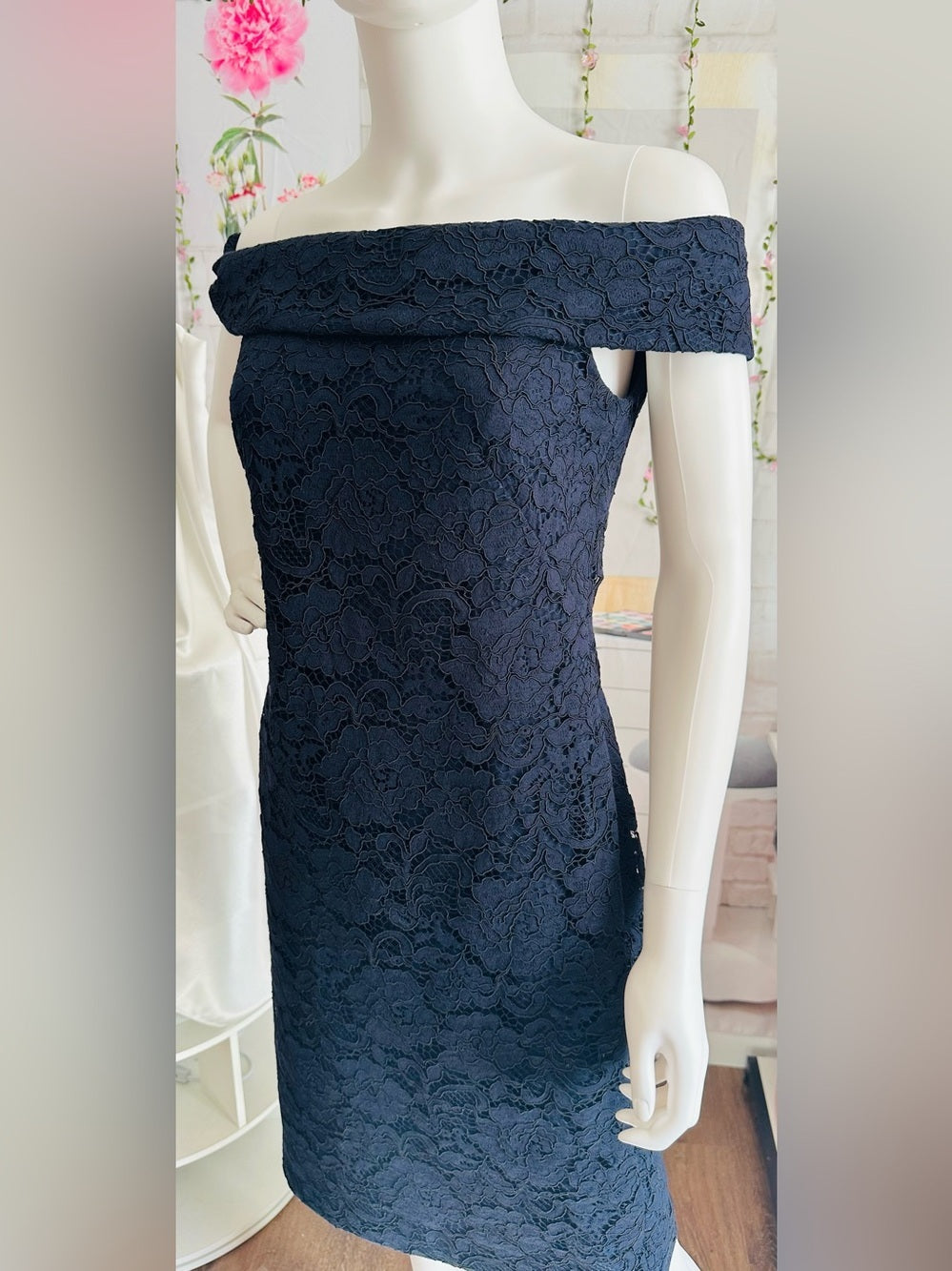 Lauren Ralph Lauren Navy Lace Off Shoulder Sheath Dress