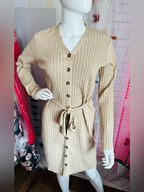 Lark + Grey Tan Ribbed Knit Button Front Belted Sweater Dress