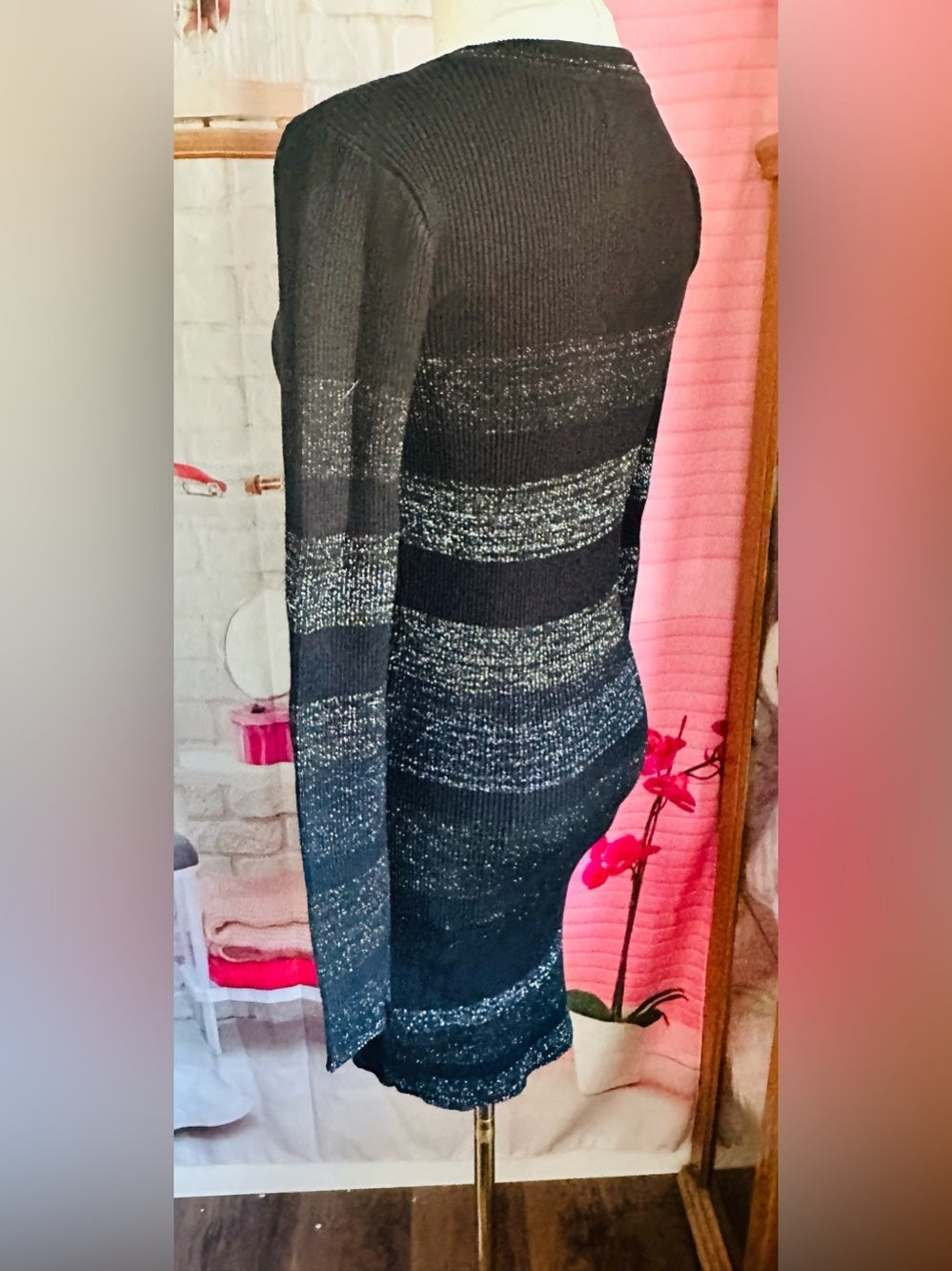 John + Jenn Black Ribbed Metallic-Strip Long-Sleeve Bodycon Dress