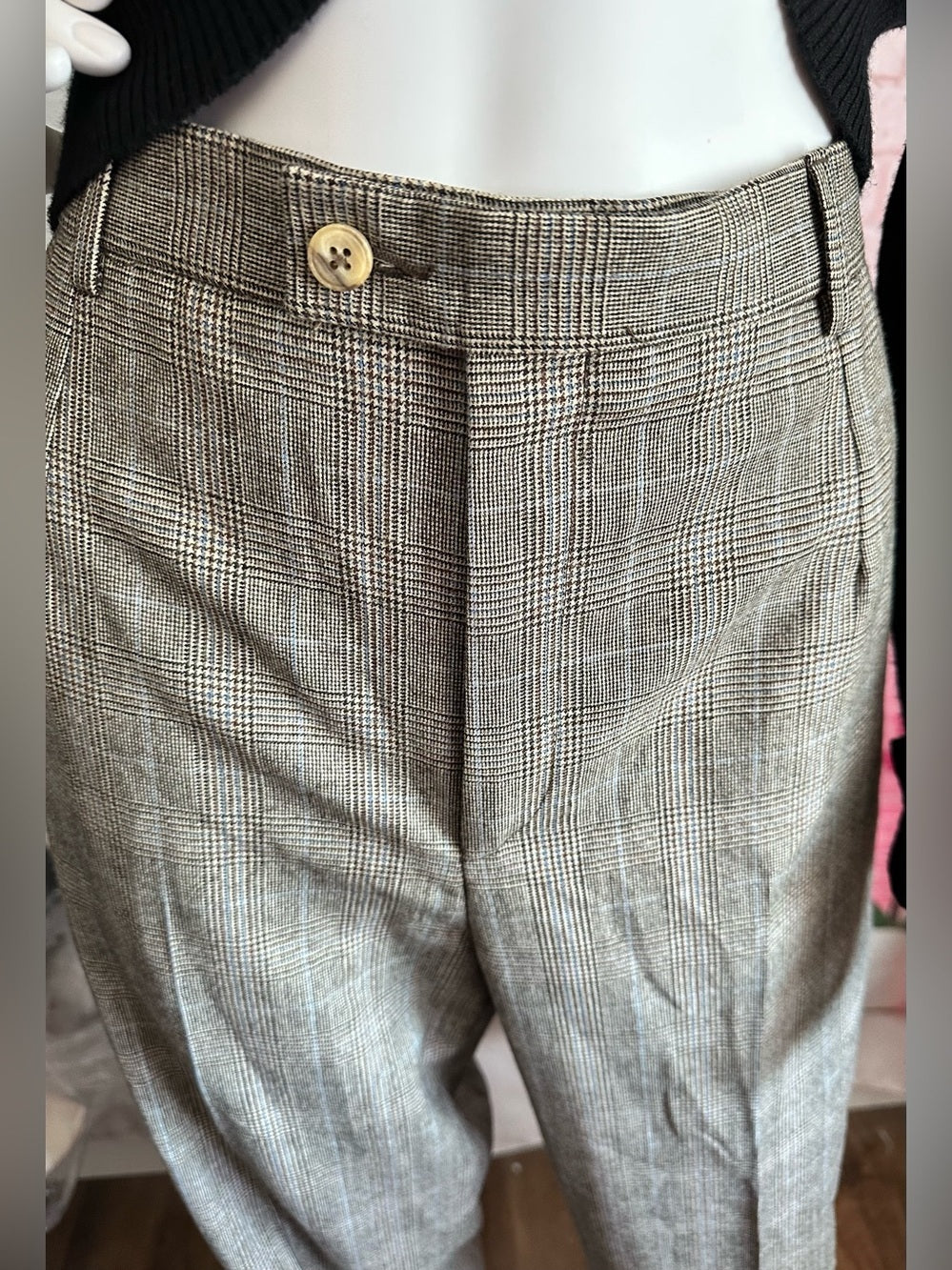 Barry Bricken Women's Brown Multi Plaid 100% Wool Straight Leg Pants