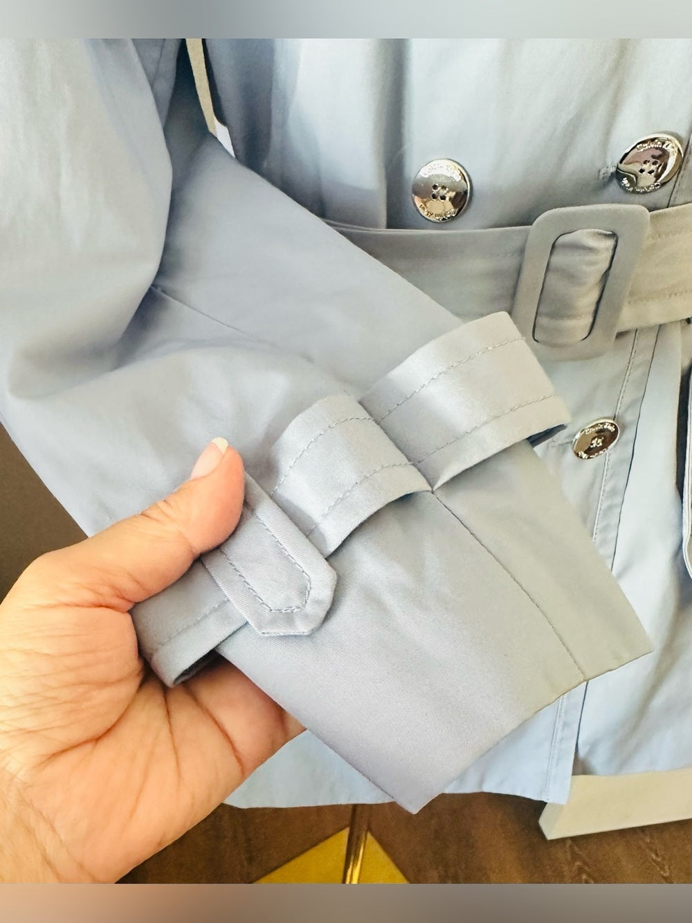 Calvin Klein Light Blue Belted Double Breasted Trench Coat
