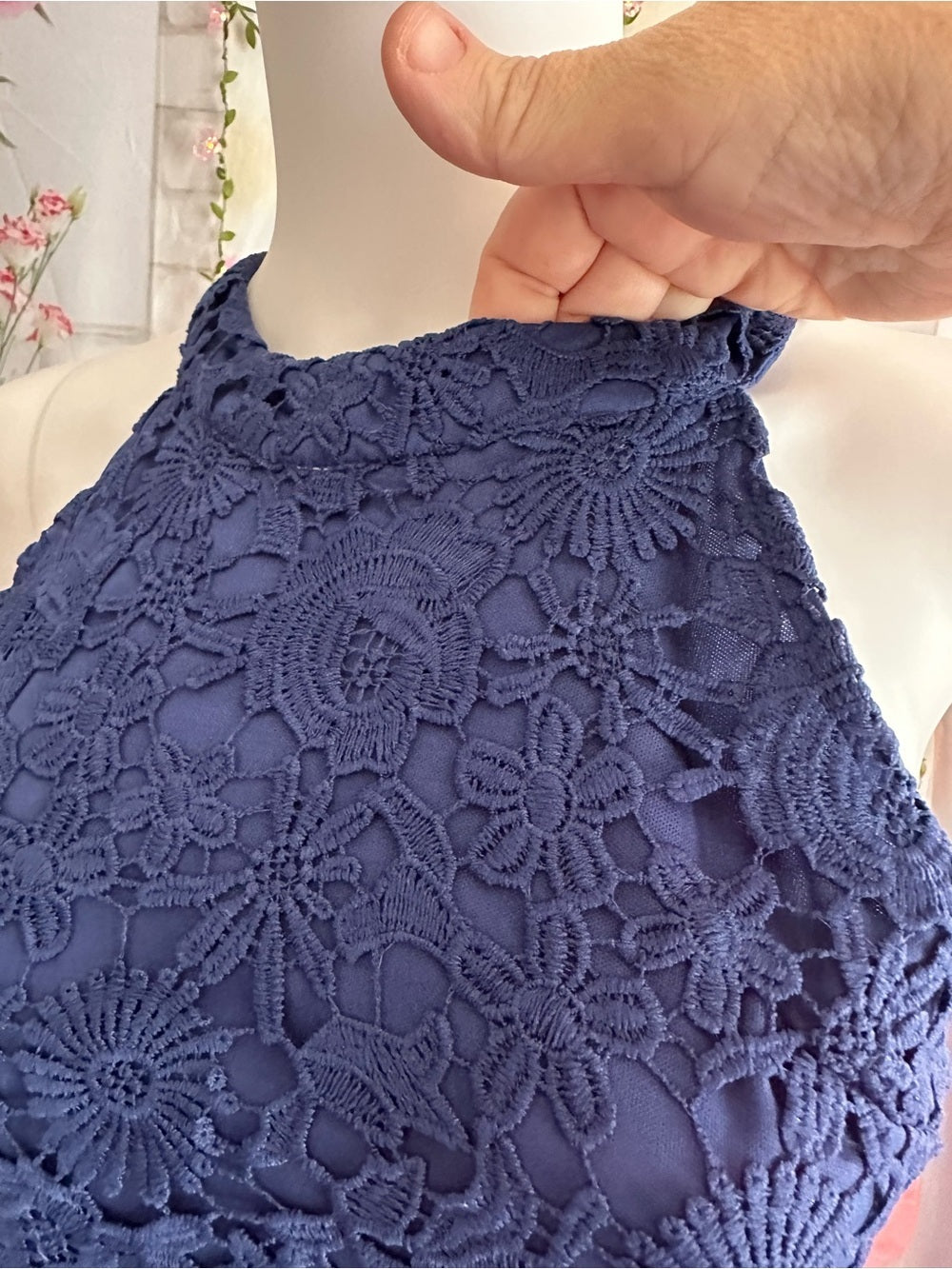 Nalati Navy Blue Guipure Floral Lace Halter Mini Dress