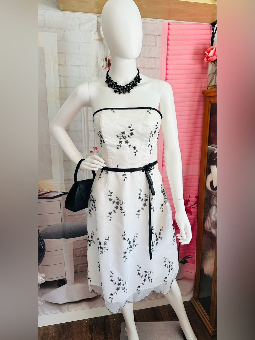 Jessica McClintock White Strapless Dress with Black Floral Embroidery