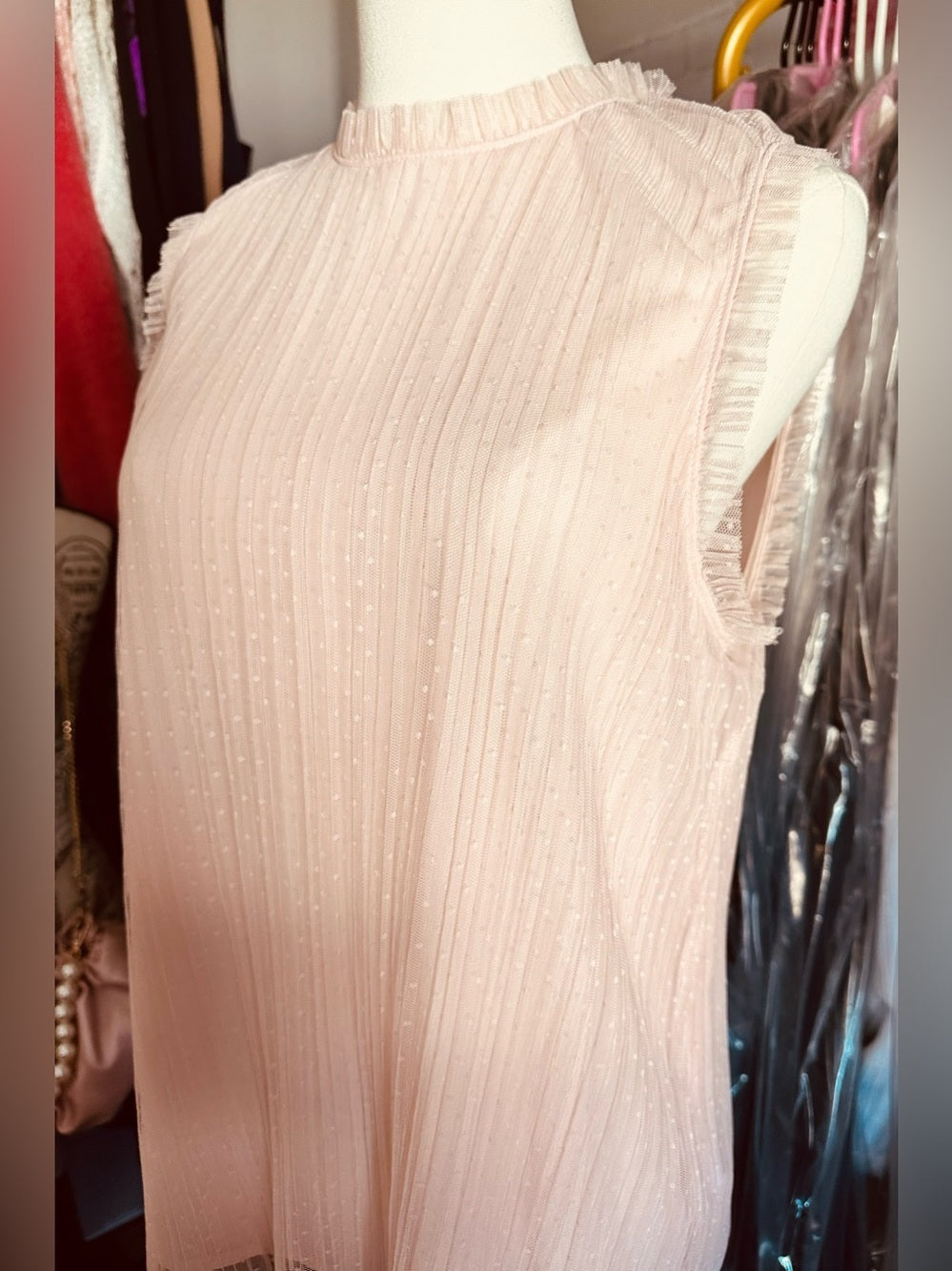 Chelsea28 Light Pink Swiss Dot Pleated Mesh Blouse