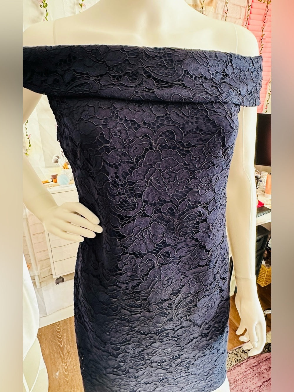 Lauren Ralph Lauren Navy Lace Off Shoulder Sheath Dress