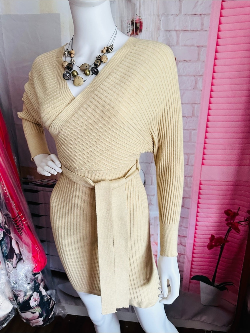 Windsor Tan Ribbed Knit Wrap Belted Sweater Mini Dress