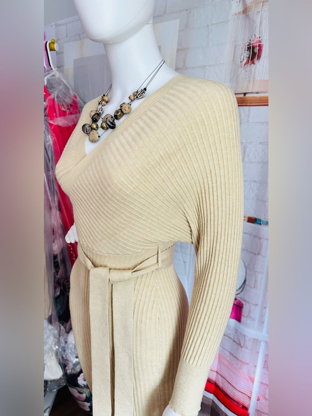 Windsor Tan Ribbed Knit Wrap Belted Sweater Mini Dress