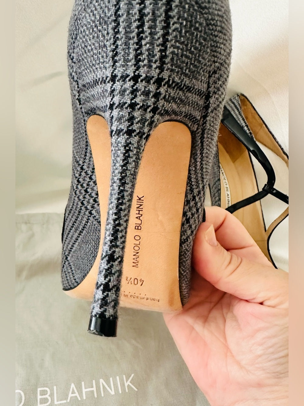 Authentic Manolo Blahnik “Mistery” Plaid T-Strap Pointed Toe Pumps