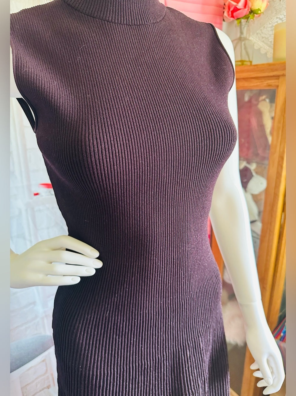 Theory Plaited Sleeveless Ribbed Knit Mock-Neck Dress--Plum