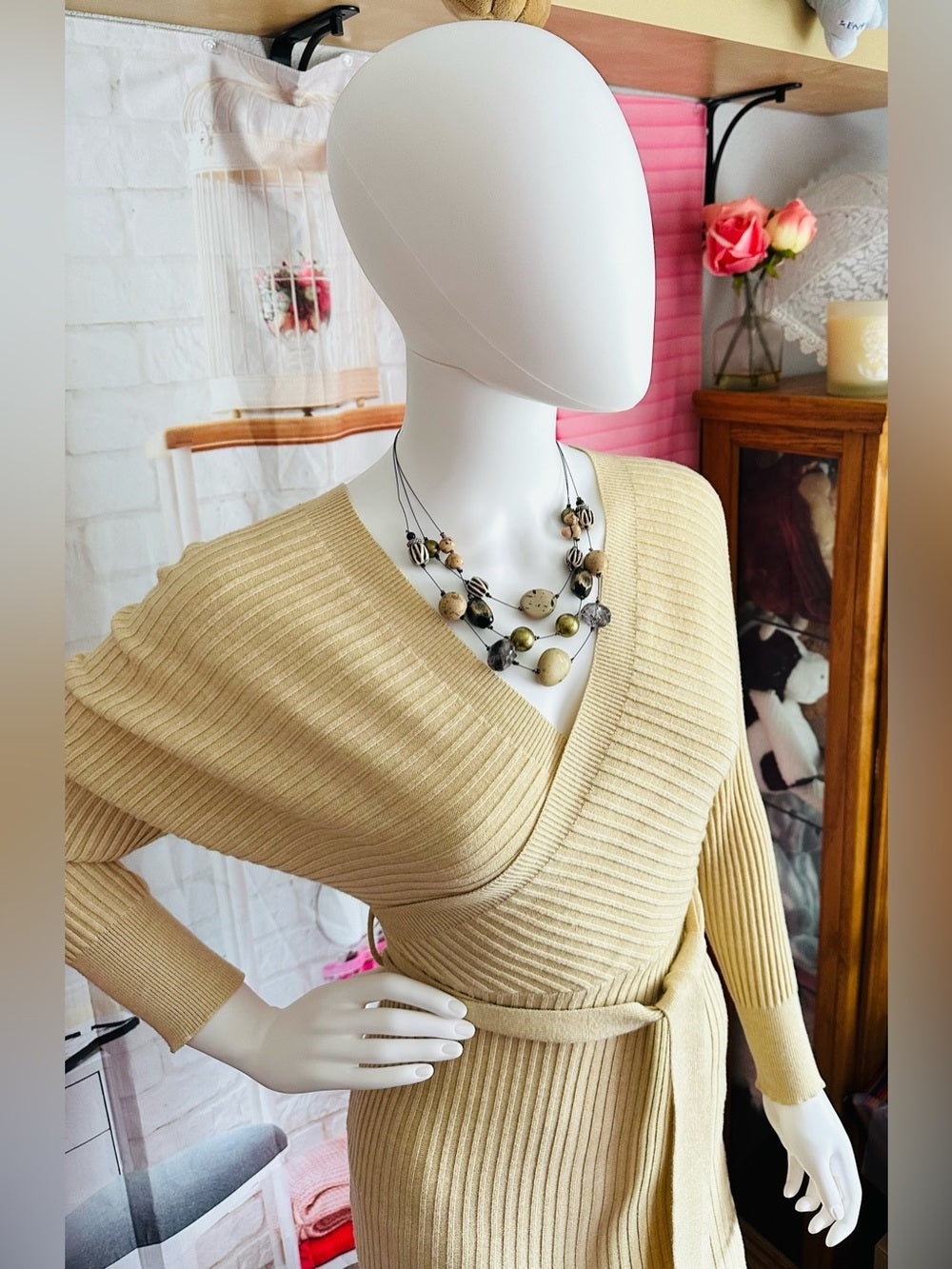 Windsor Tan Ribbed Knit Wrap Belted Sweater Mini Dress