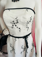Jessica McClintock White Strapless Dress with Black Floral Embroidery