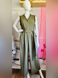 Calvin Klein Olive Green Ruffle Wide Leg Belted Jumpsuit