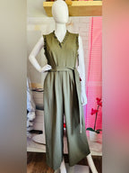 Calvin Klein Olive Green Ruffle Wide Leg Belted Jumpsuit