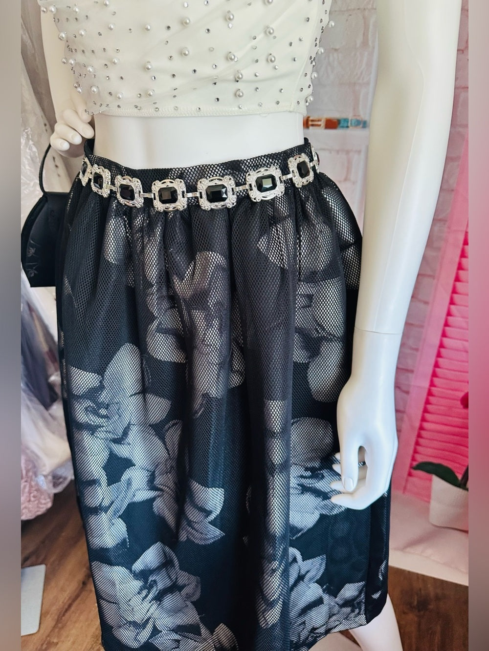 Forever 21 Black Mesh Floral Midi Skirt