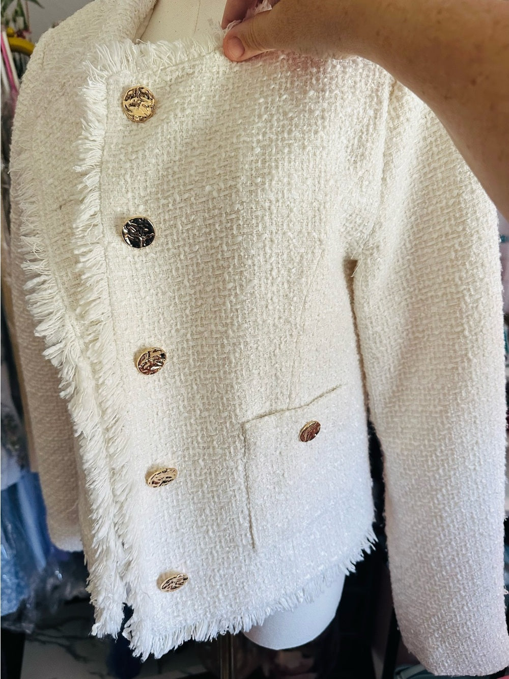 Rachel Zoe Ivory Tweed Fringe Gold Button Blazer