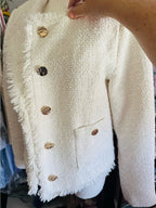 Rachel Zoe Ivory Tweed Fringe Gold Button Blazer