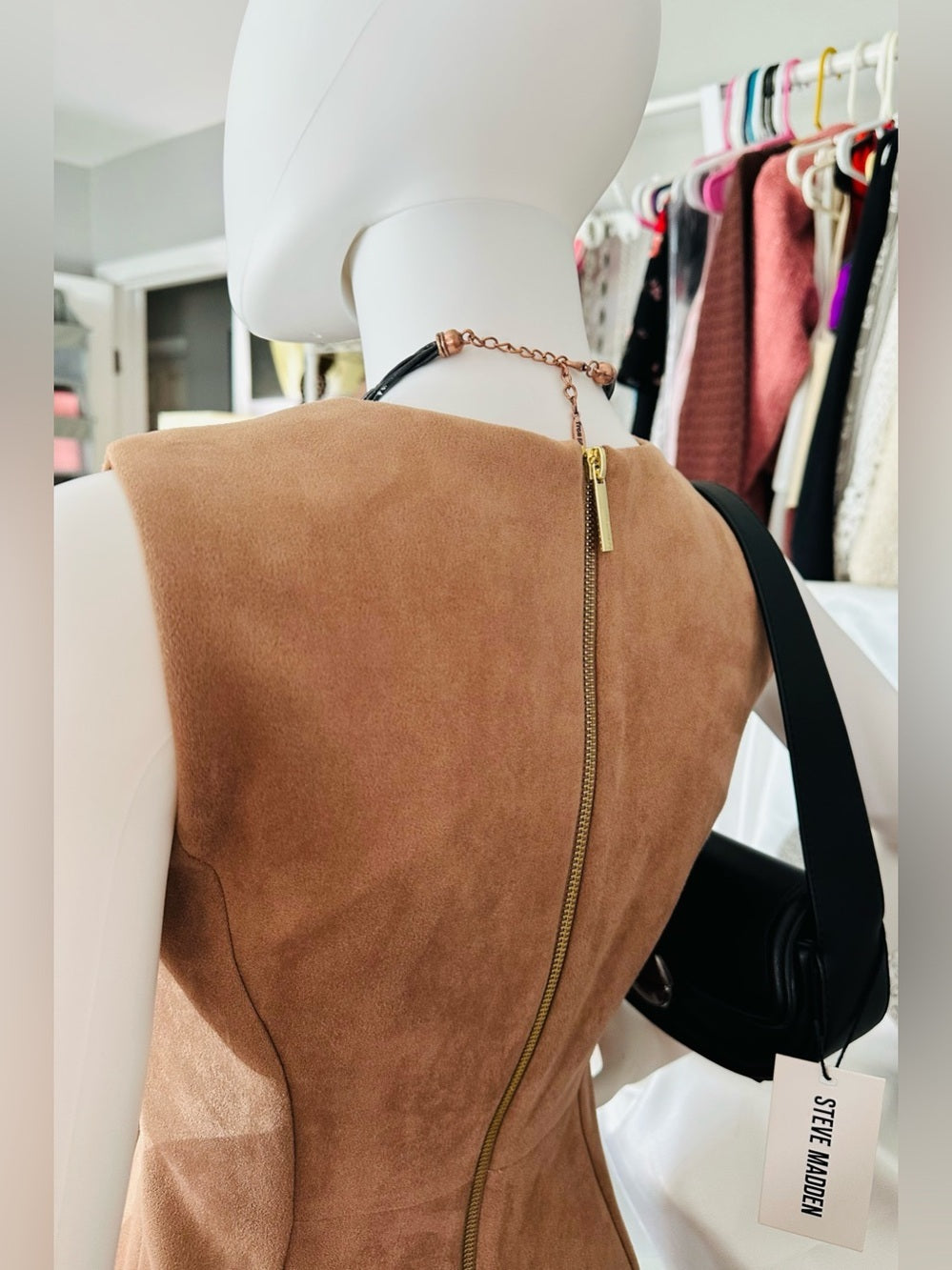 Calvin Klein Faux Suede Sheath Dress Camel Tan Sleeveless