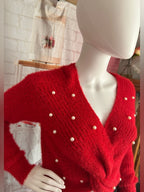 No Boundaries Red Fuzzy Pearl Embellished Twist Front Sweater