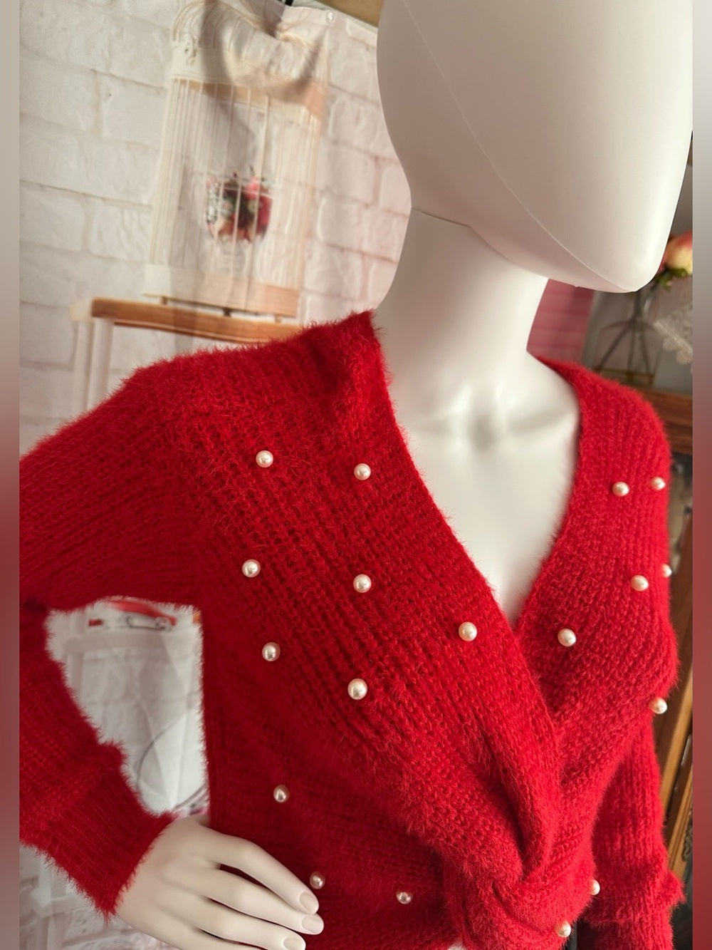 No Boundaries Red Fuzzy Pearl Embellished Twist Front Sweater