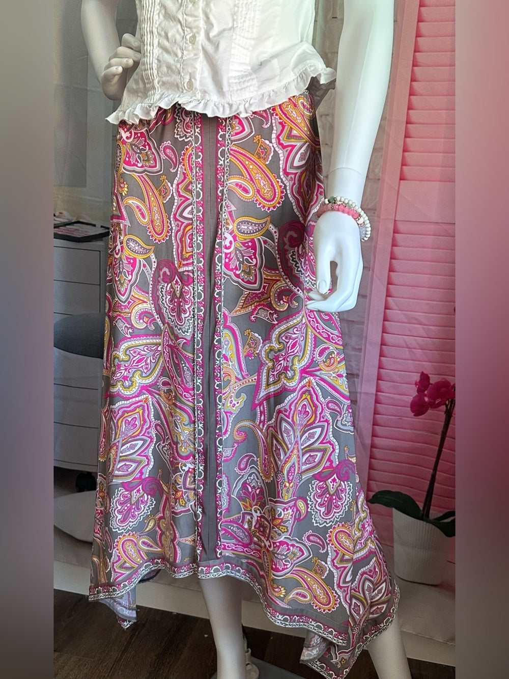INC International Concepts Pink and Brown Paisley Midi Skirt