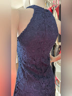 Nalati Navy Blue Guipure Floral Lace Halter Mini Dress