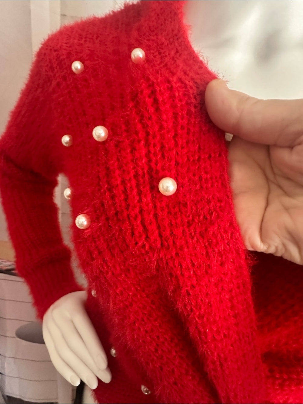 No Boundaries Red Fuzzy Pearl Embellished Twist Front Sweater