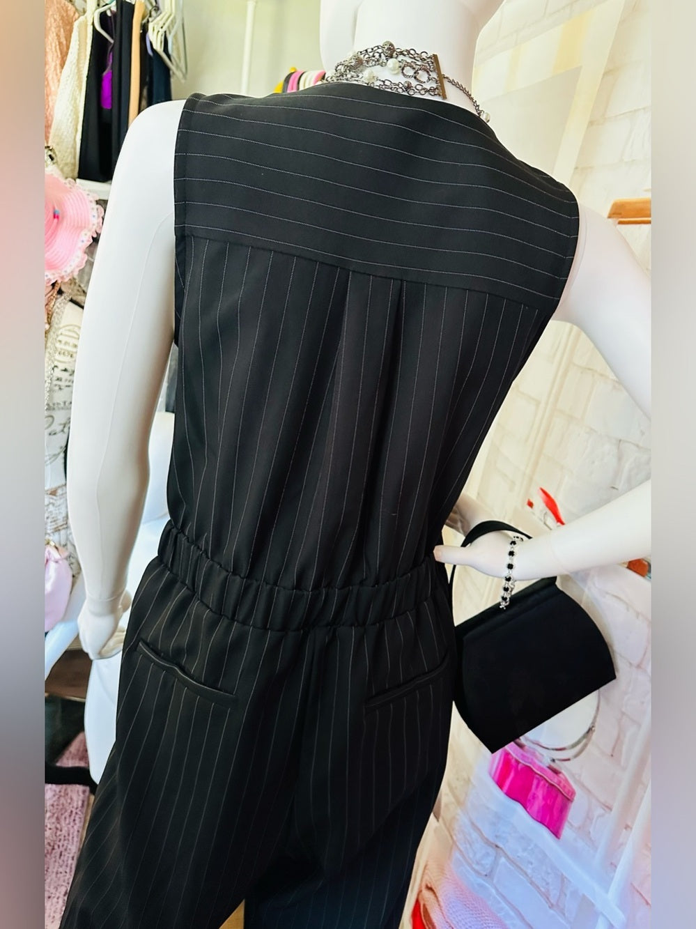 Monteau Black Pinstripe Sleeveless Wide Leg Jumpsuit