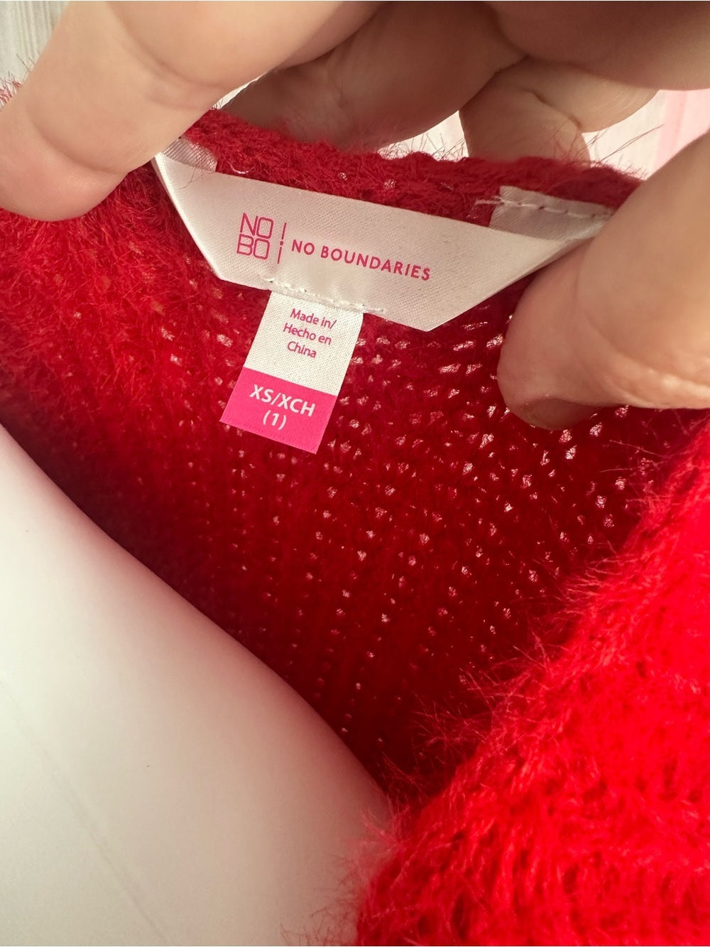 No Boundaries Red Fuzzy Pearl Embellished Twist Front Sweater