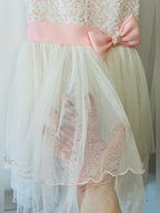 Jona Michelle Pink Sequin Bodice Ivory Tulle Dress with Bow