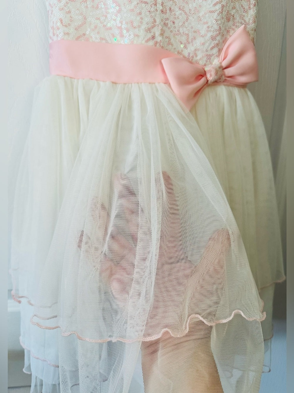 Jona Michelle Pink Sequin Bodice Ivory Tulle Dress with Bow