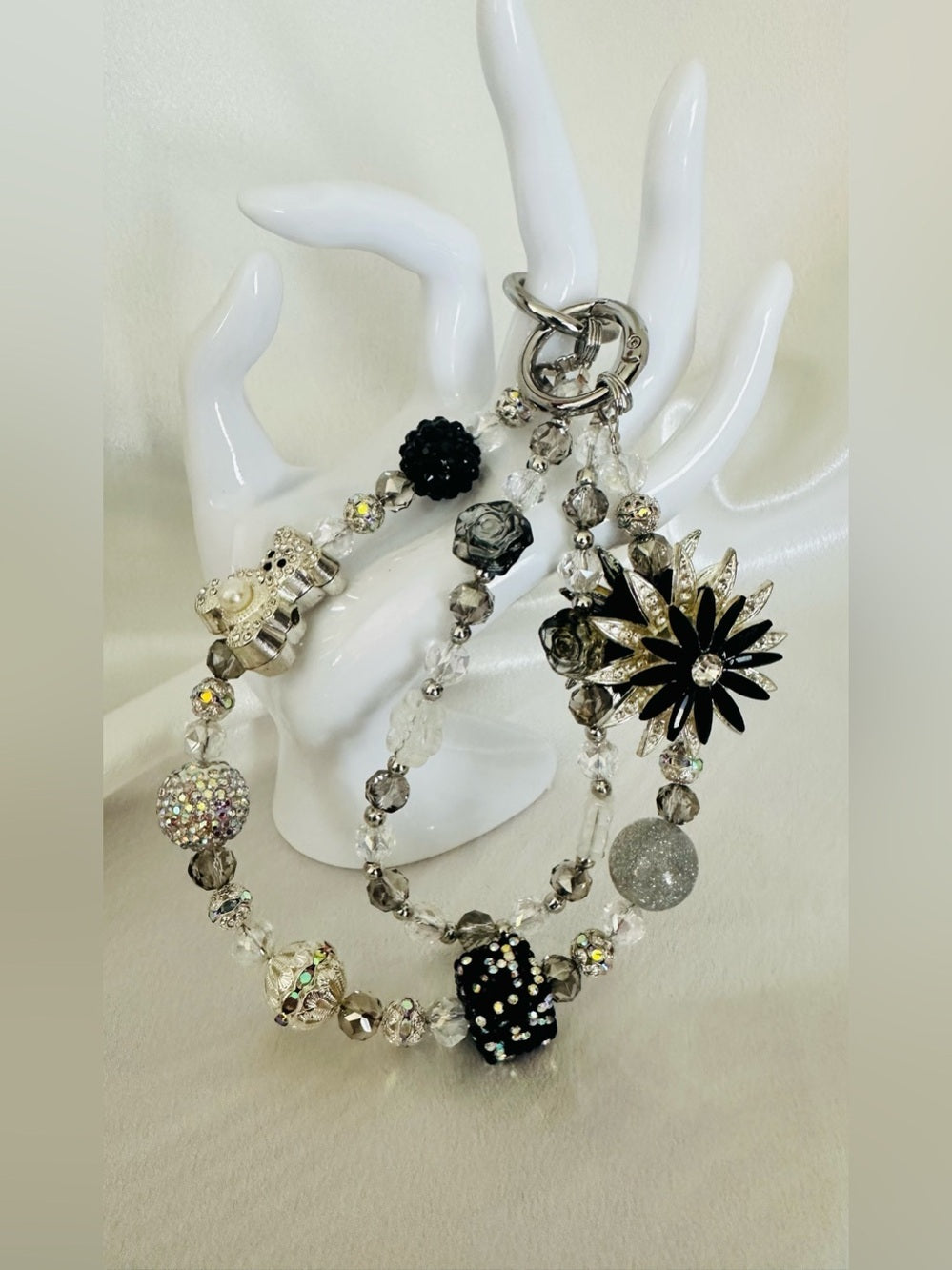 Black Silver Rhinestone Floral Beaded Purse Charm Bag Accessory