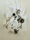 Black Silver Rhinestone Floral Beaded Purse Charm Bag Accessory