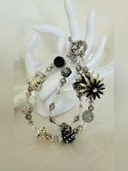 Black Silver Rhinestone Floral Beaded Purse Charm Bag Accessory