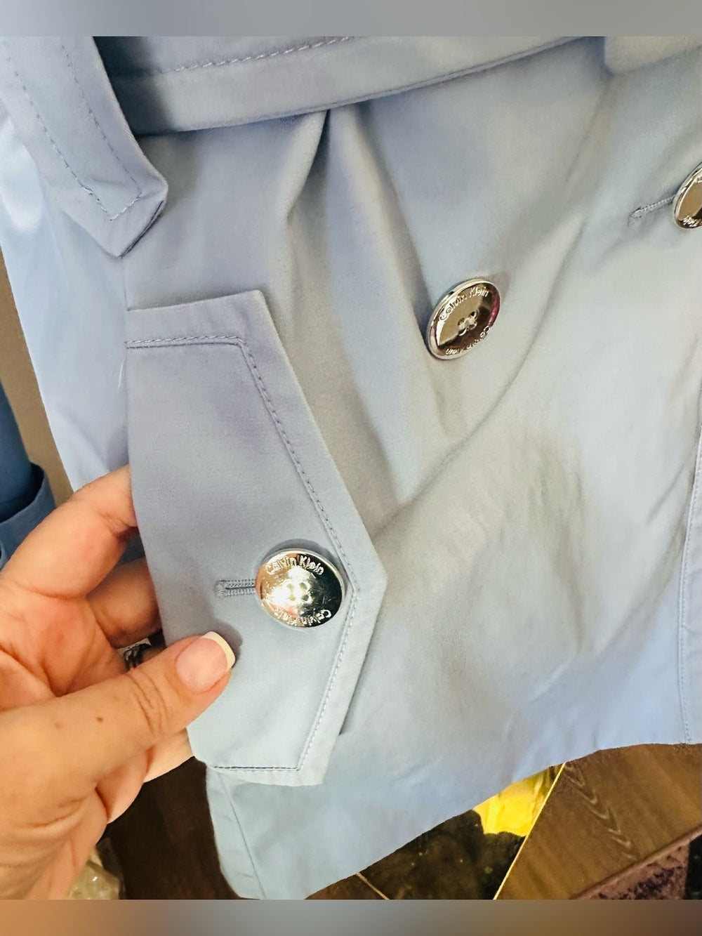 Calvin Klein Light Blue Belted Double Breasted Trench Coat