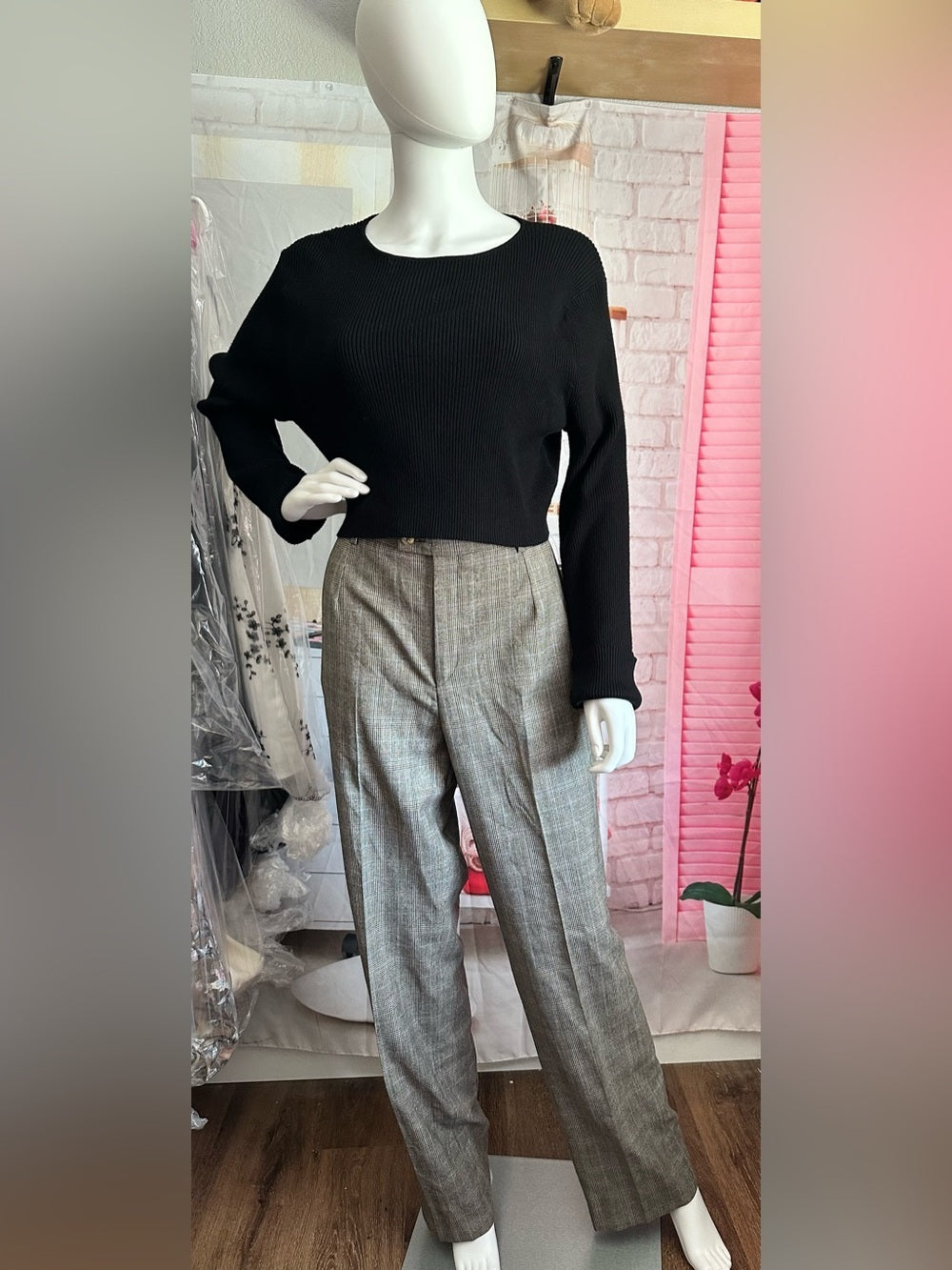 Barry Bricken Women's Brown Multi Plaid 100% Wool Straight Leg Pants