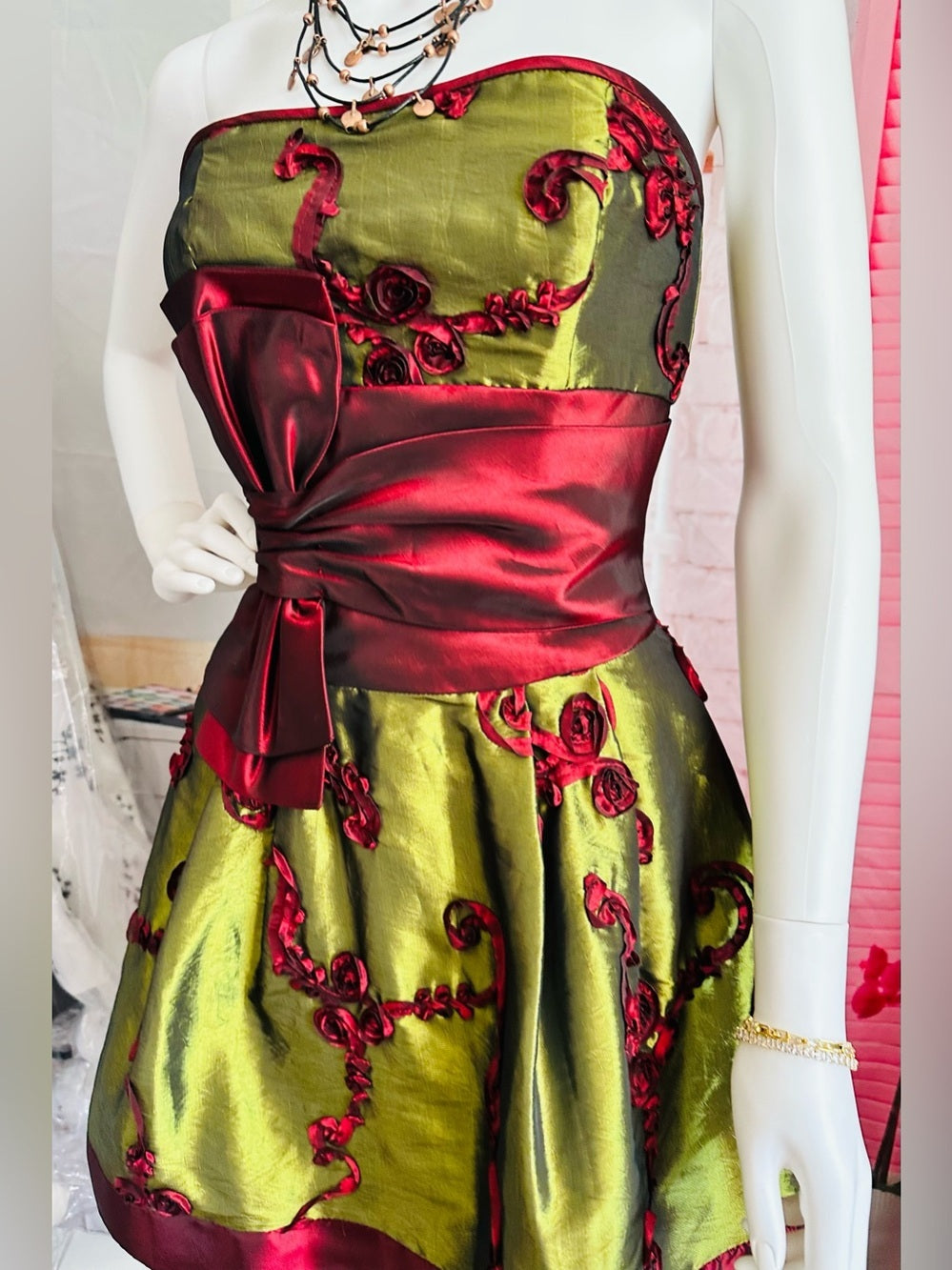 Jessica McClintock Olive & Burgundy Strapless Fit-and-Flare Party Dress