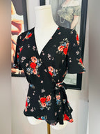 Meraki Black Floral Wrap Peplum Blouse Tie Waist Flutter Sleeve