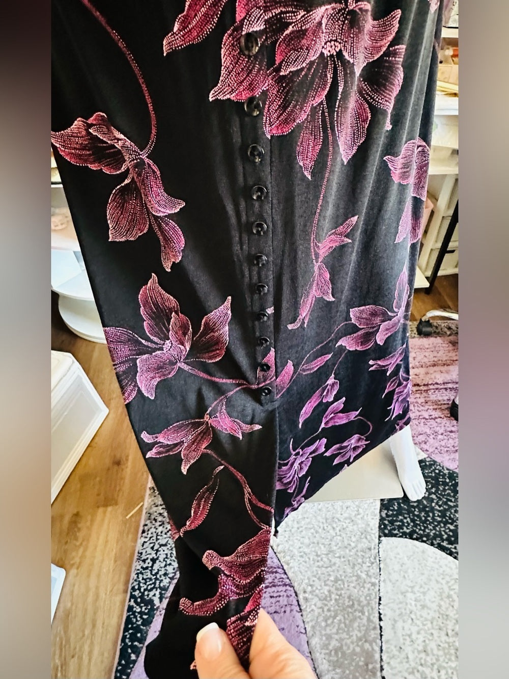 Briggs New York Black Pink Floral Button Front Maxi Skirt